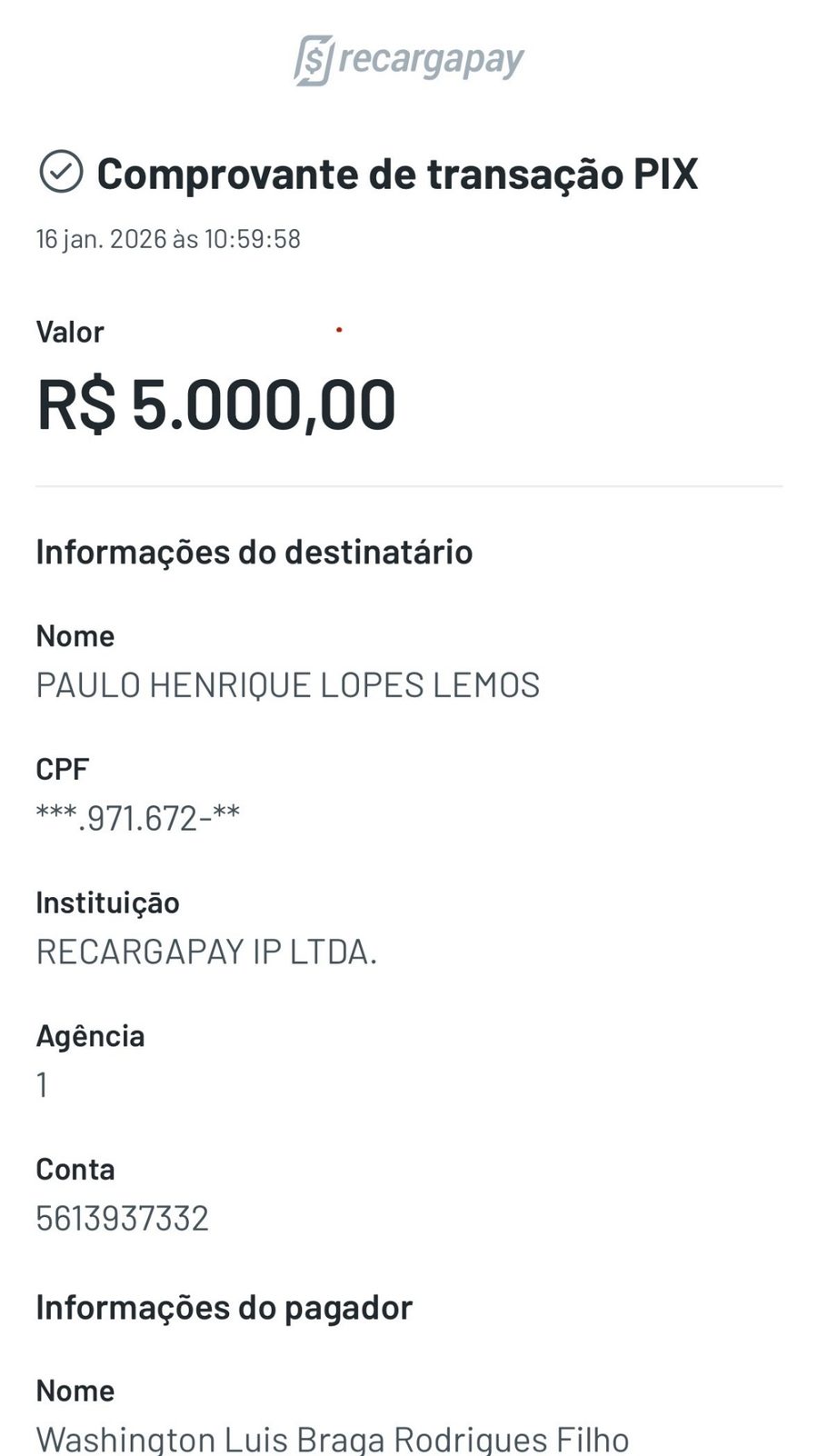 Comprovante de pagamento