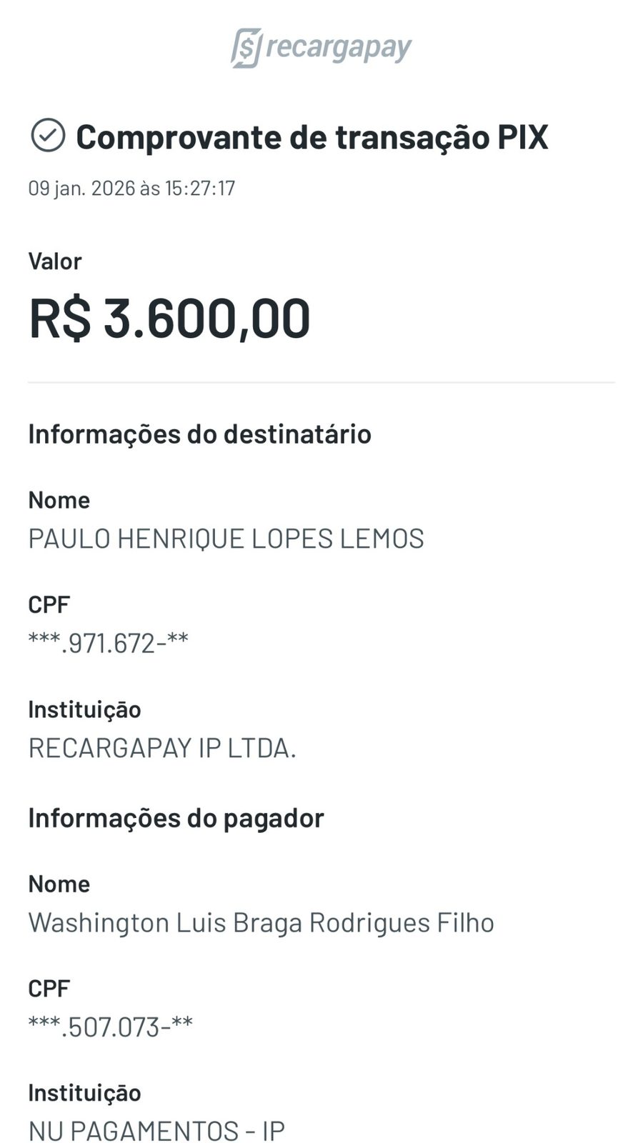Comprovante de pagamento