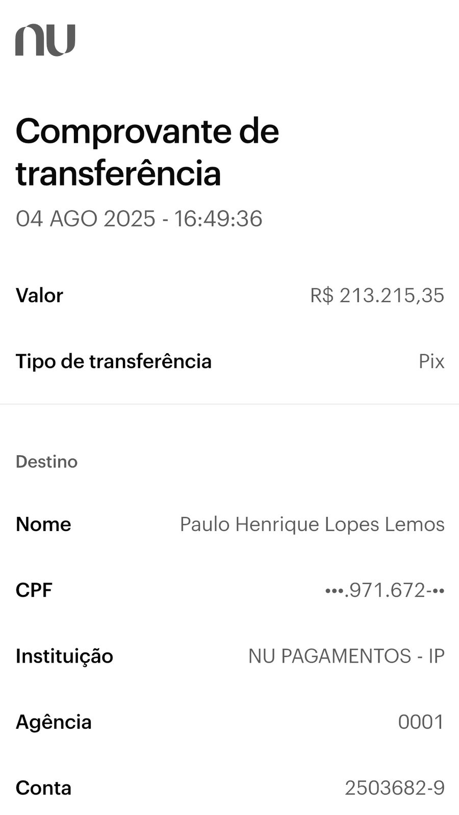 Comprovante de pagamento