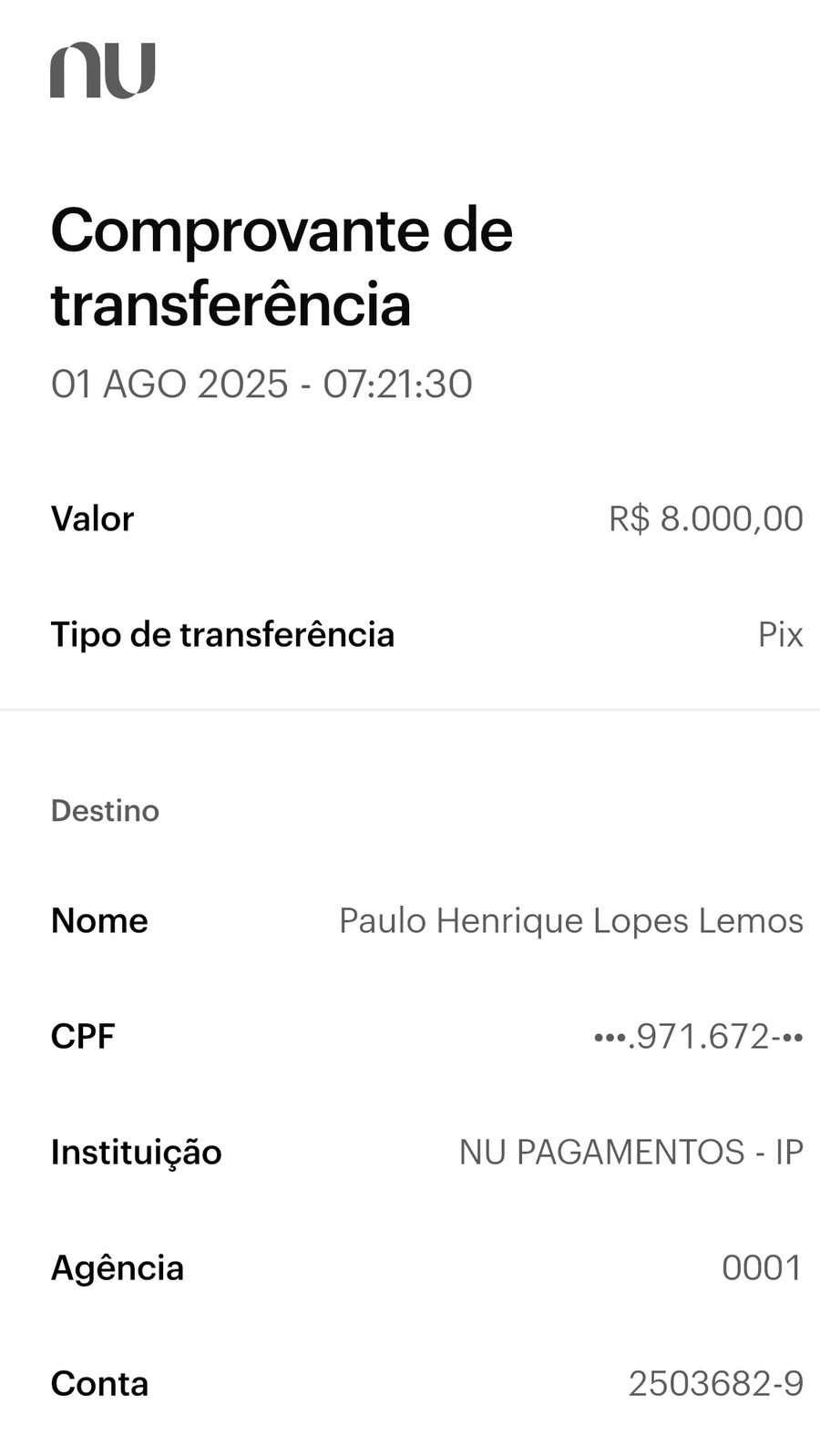 Comprovante de pagamento