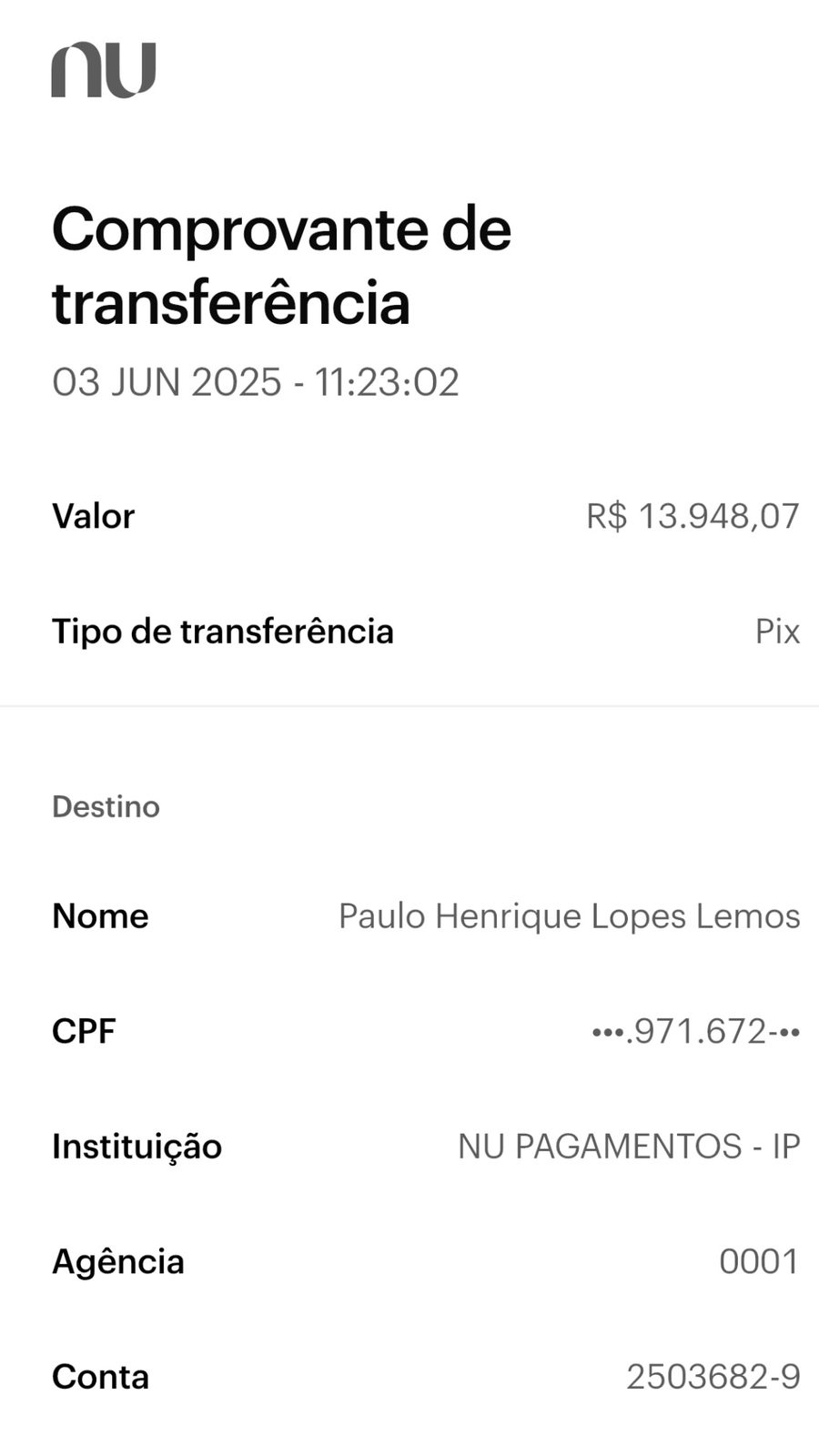 Comprovante de pagamento